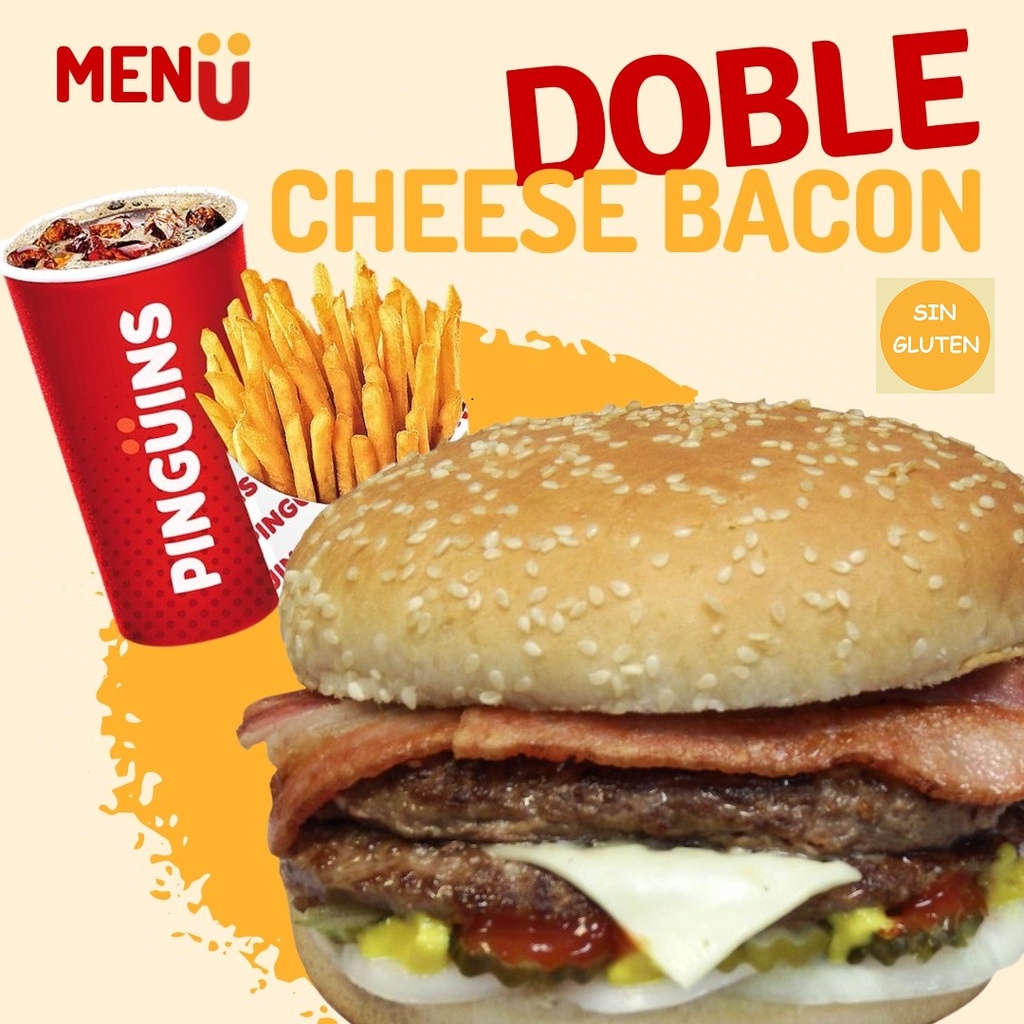 Menú Burger Doble Cheese Bacón Con PAN SIN GLUTEN con Papas(bolsa) y Bebida